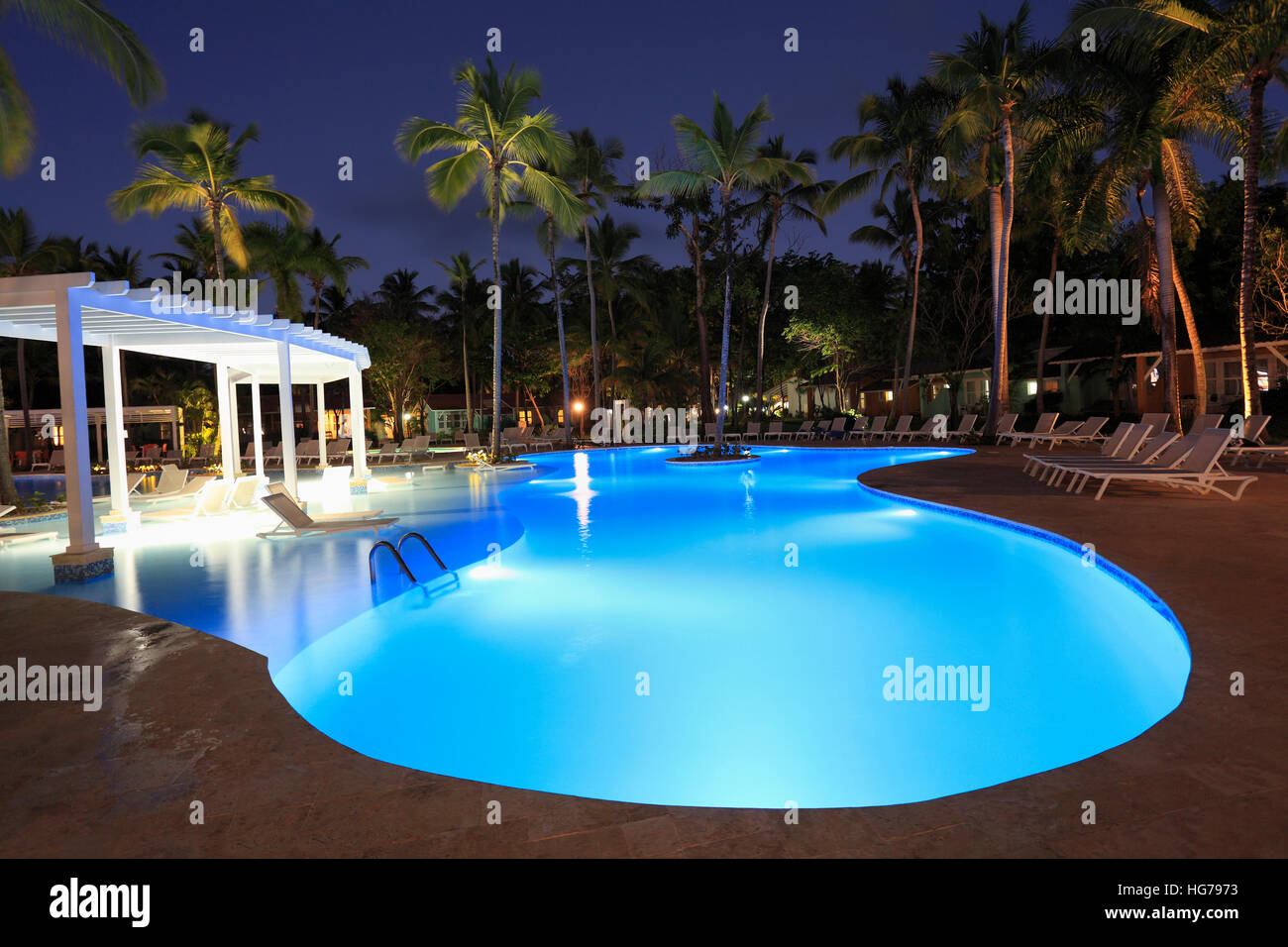 Tropical luxury swimming-pool illuminated at night Stock Photo