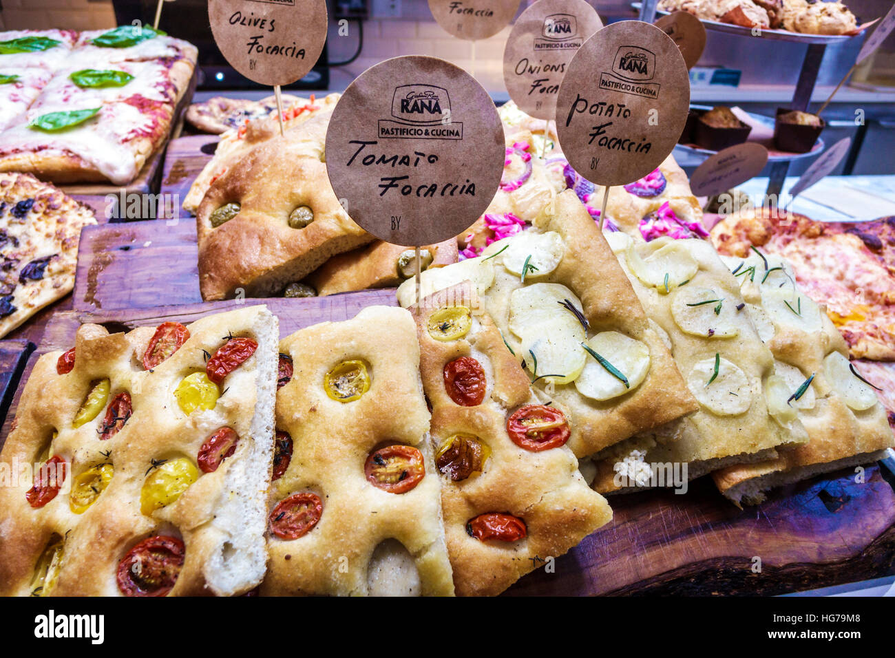 New York City,NY NYC,Manhattan,Chelsea,Chelsea Market,Giovanni Rana Pastificio & Cucina,Italian restaurant,focaccia,tomato,potato,visitors travel trav Stock Photo