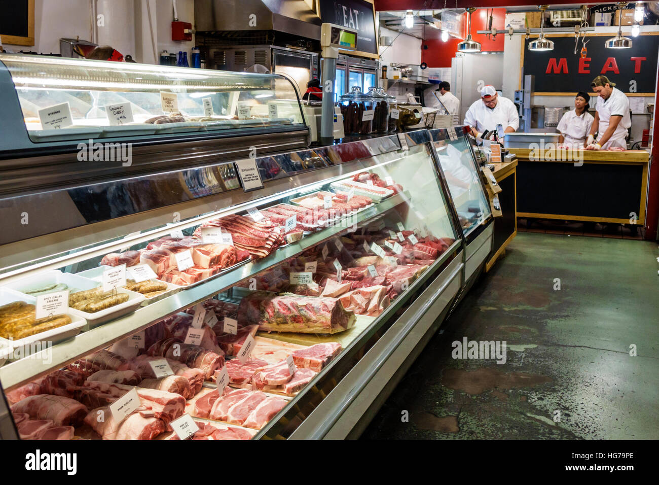 New York City,NY NYC Manhattan,Chelsea,Chelsea Market,Dickson's Farmstand Meats,butcher,refrigerated case,steaks,counter,display sale NY160723080 Stock Photo