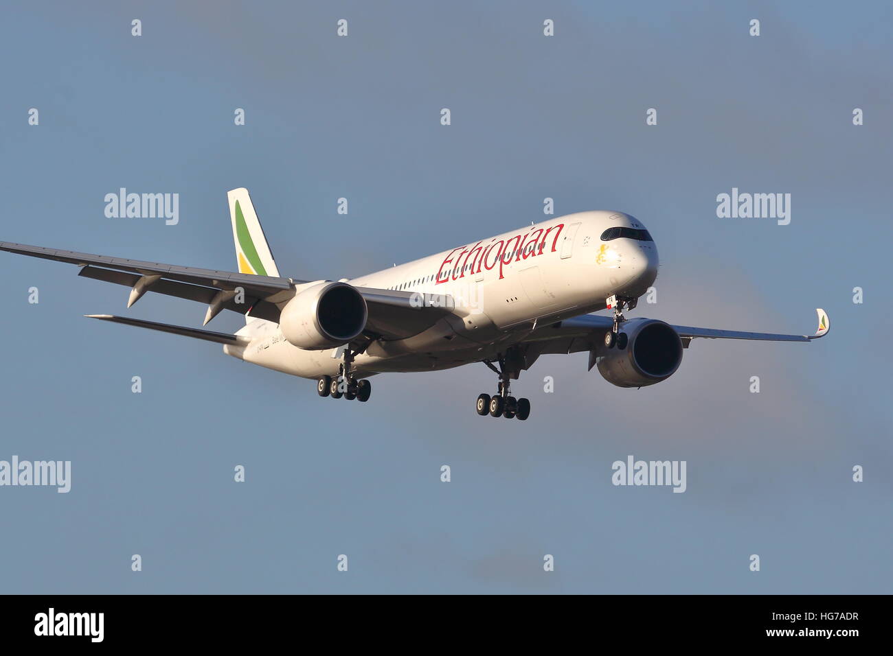 Ethiopian Airlines Airbus A350-900 ET-ATR landing at London Heathrow Airport, UK Stock Photo