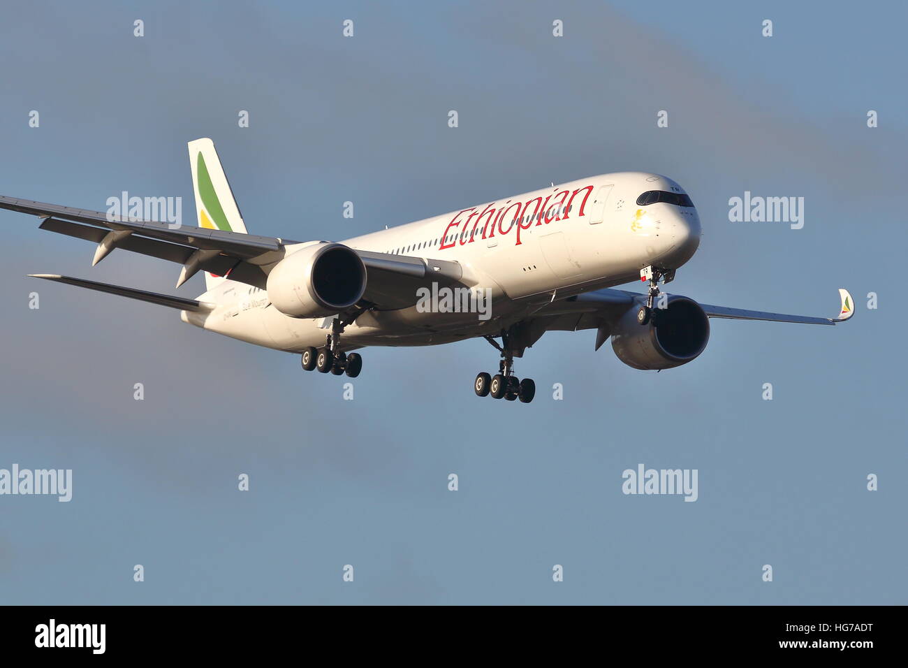 Ethiopian Airlines Airbus A350-900 ET-ATR landing at London Heathrow Airport, UK Stock Photo