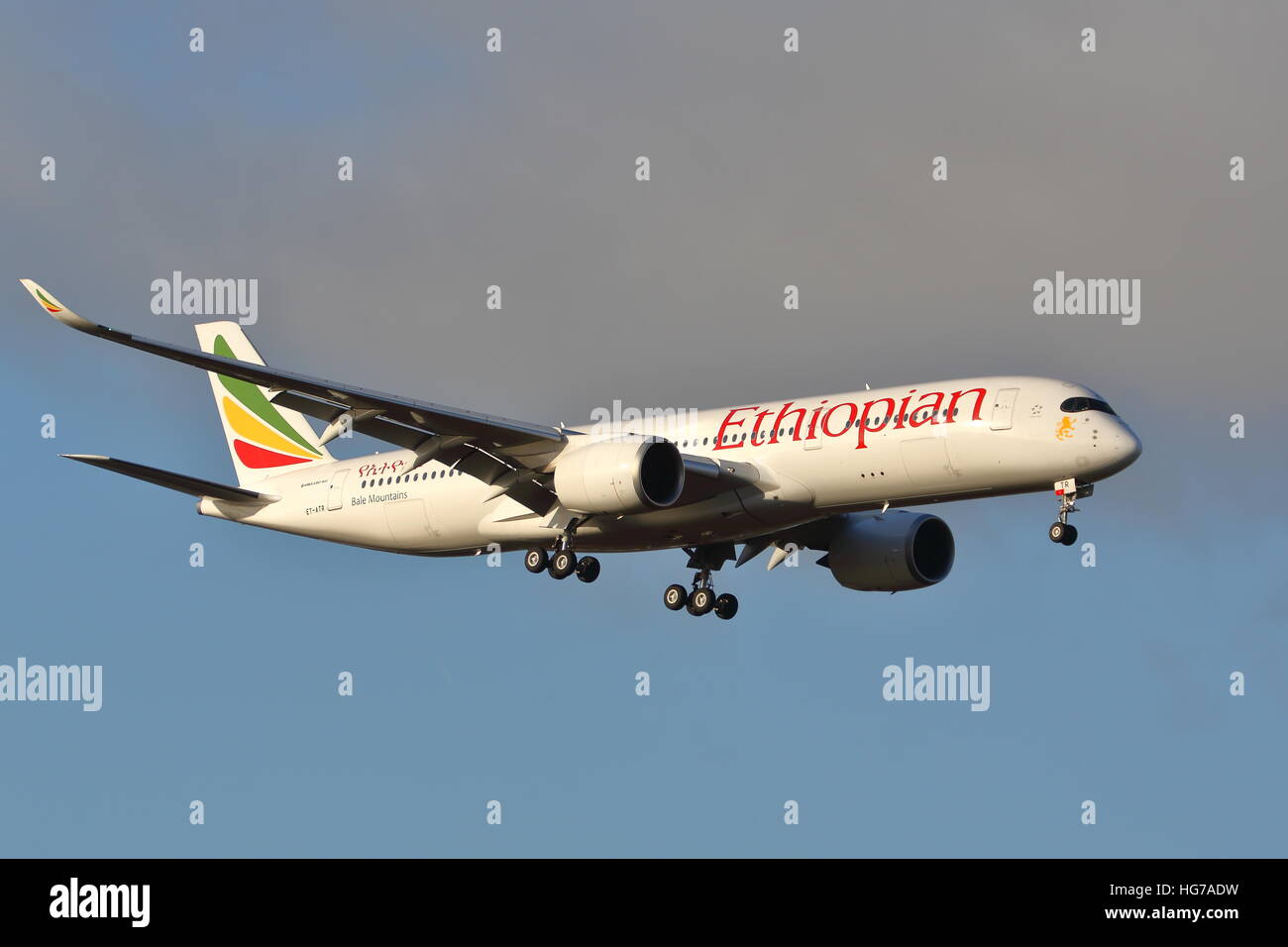 Ethiopian Airlines Airbus A350-900 ET-ATR landing at London Heathrow Airport, UK Stock Photo