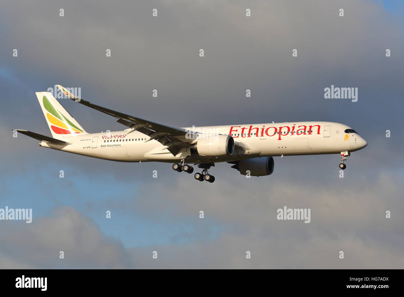Ethiopian Airlines Airbus A350-900 ET-ATR landing at London Heathrow Airport, UK Stock Photo