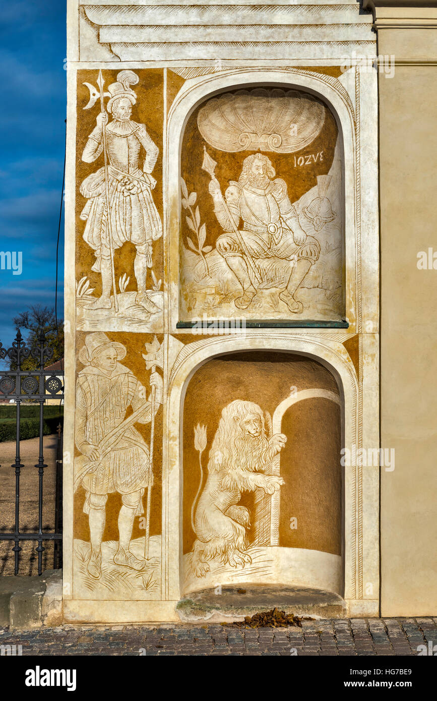 Sgraffito art work at Litomysl Castle, 16th century, Renaissance style, UNESCO World Heritage Site, in Litomysl, Bohemia, Czech Republic Stock Photo
