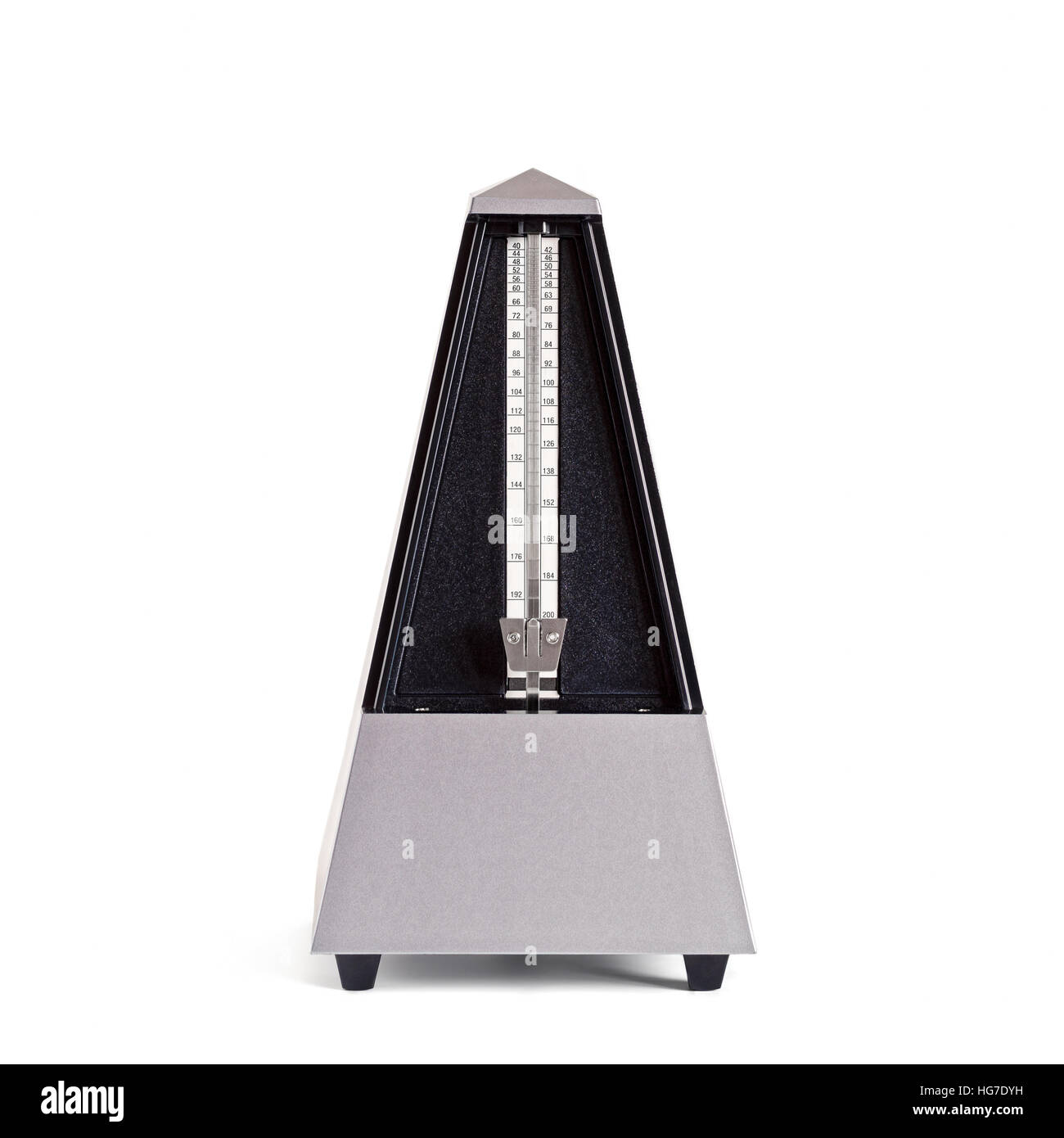 Stopped pyramid shaped metronome in plastic housing isolated on white Stock Photo