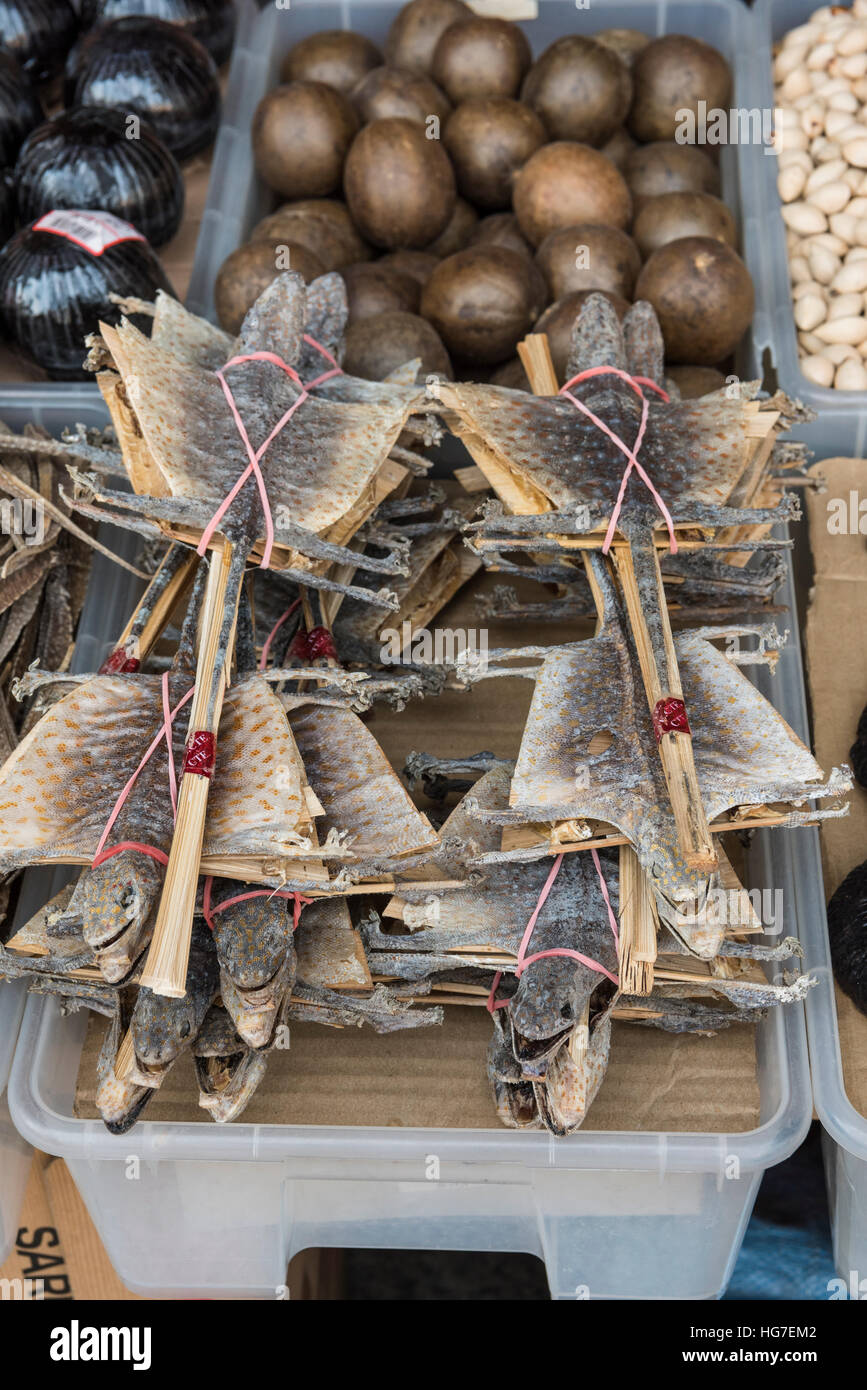 Dried Flying Lizards used in Traditional Chinese Medicine on a Market Stall in Singapore Stock Photo