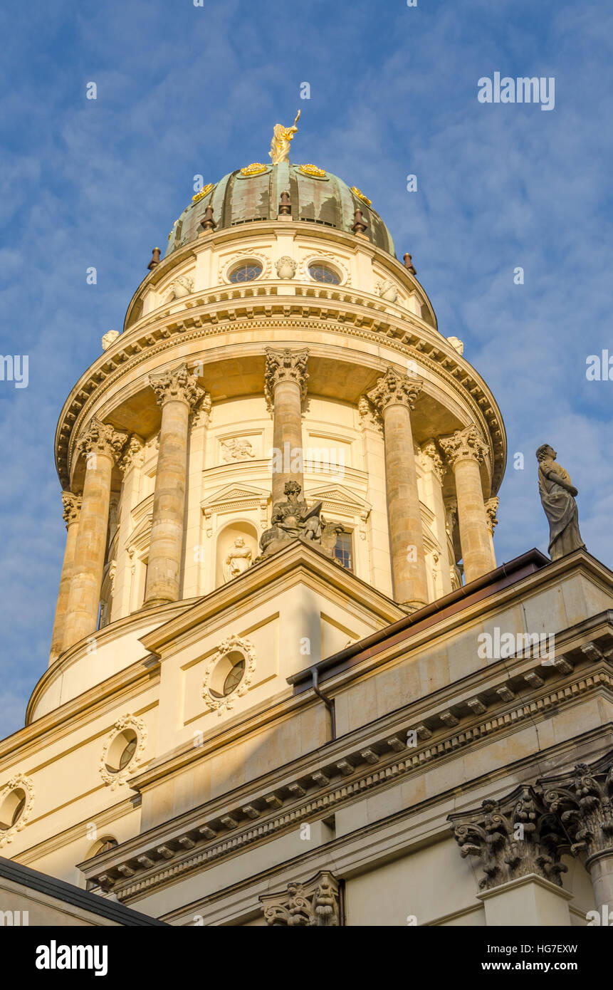 View on French Cathedral at Gendarmenmarkt square in golden afternoon light, Berlin, Germany Stock Photo
