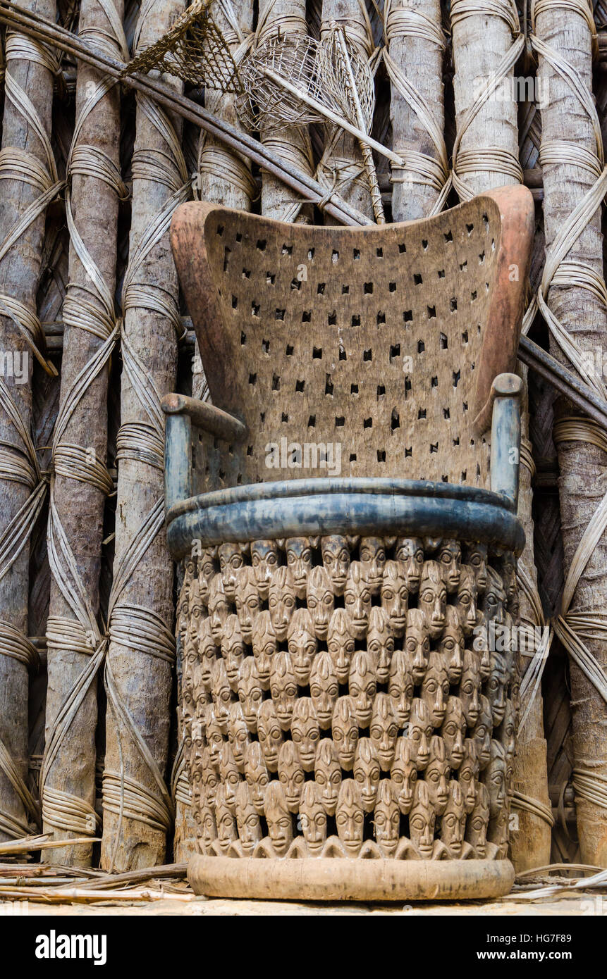 Elaborate African wood carved chair at traditional Fon's palace in