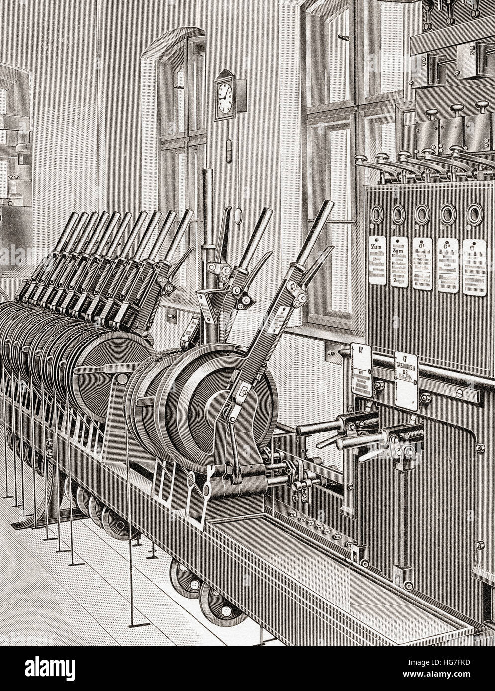 Stahmer's railway lever frame mechanism used for signalling trains, a system used to direct railway traffic.   From Meyers Lexicon, published 1924. Stock Photo