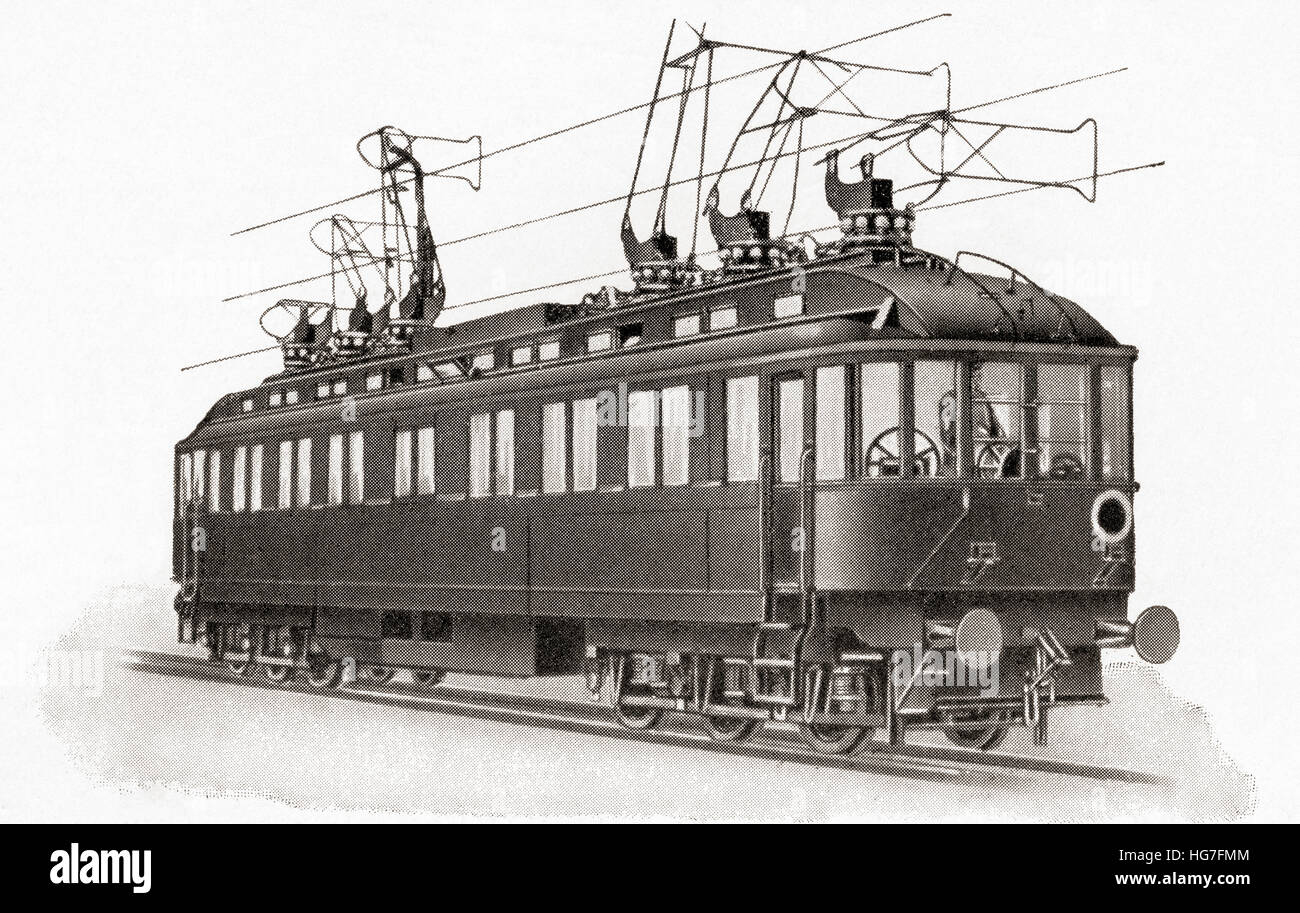 A rapid transit railway engine carriage powered by overhead electric lines, Germany c. 1900. From Meyers Lexicon, published 1924. Stock Photo