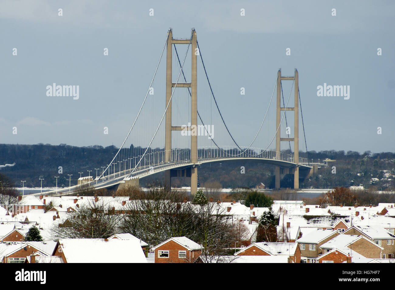 Humber bridge, barton on humber, single span suspension bridge, snow covered landscape Stock Photo