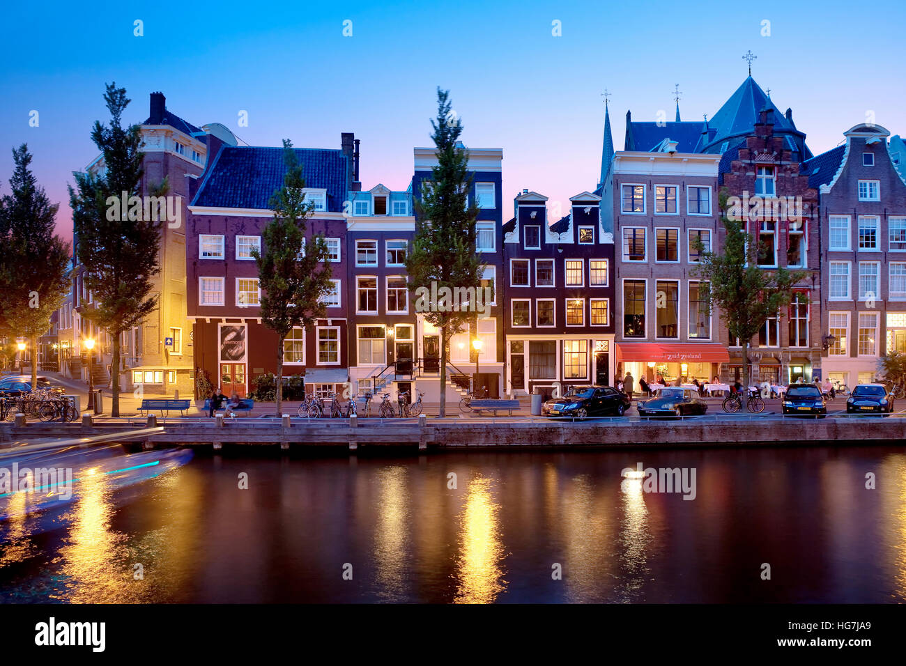 Singel canal at night, Amsterdam Stock Photo
