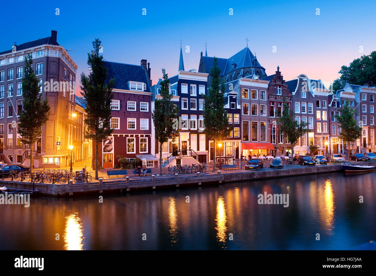 Singel canal at night, Amsterdam Stock Photo