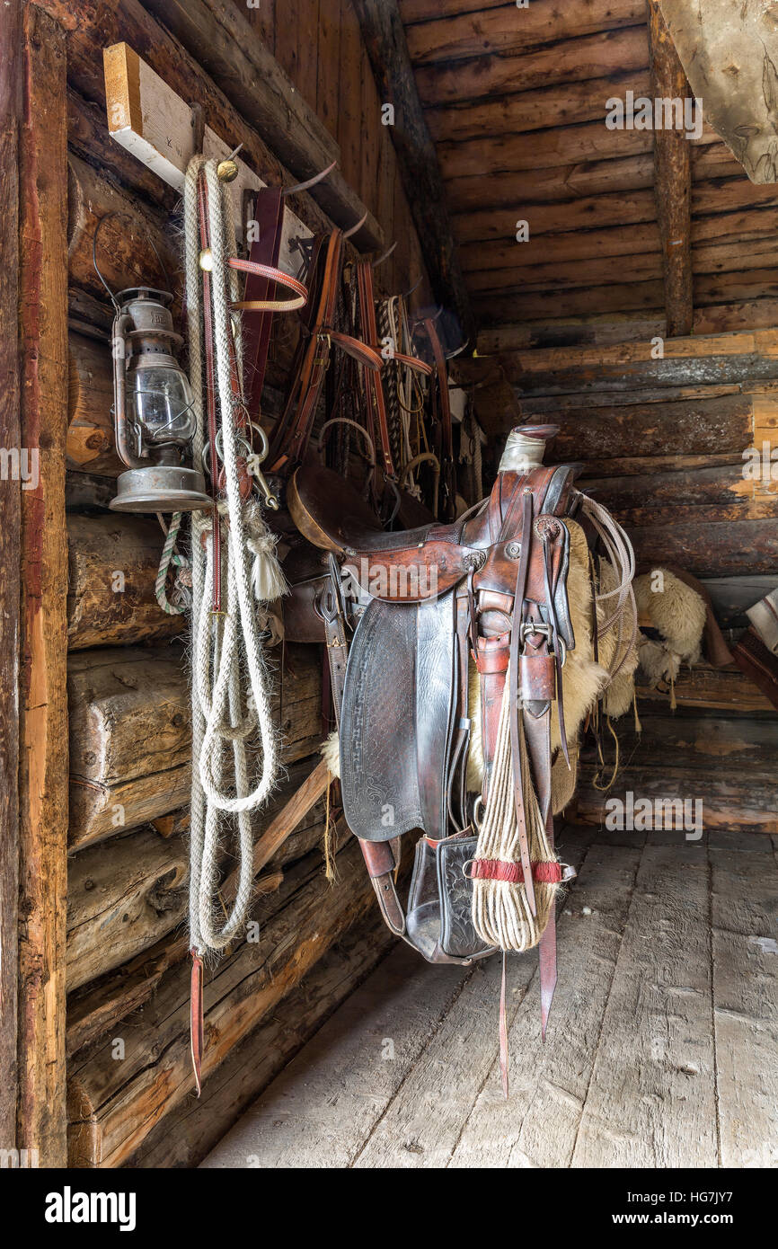 Saddles at Bar U Ranch National Historic Site, Alberta, Canada. Stock Photo