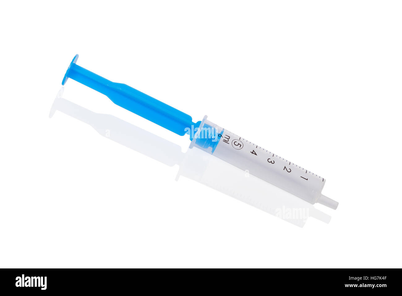 Small disposable syringe made of plastic, with a full barrel and