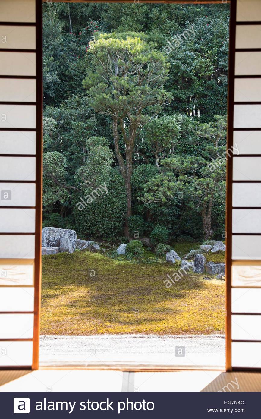 A Japanese garden as seen through an exterior shoji sliding