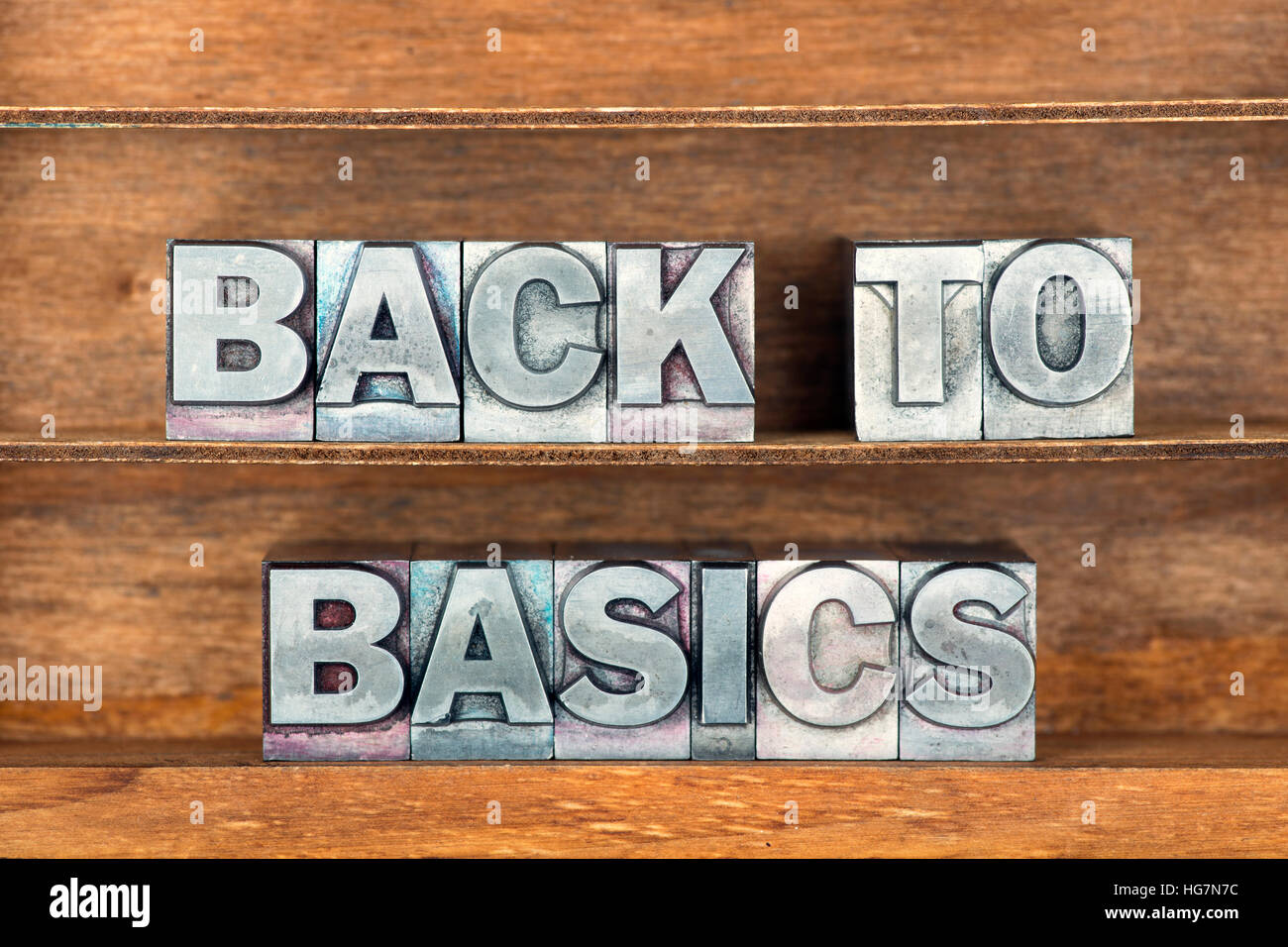 back to basics phrase made from metallic letterpress type on wooden tray Stock Photo