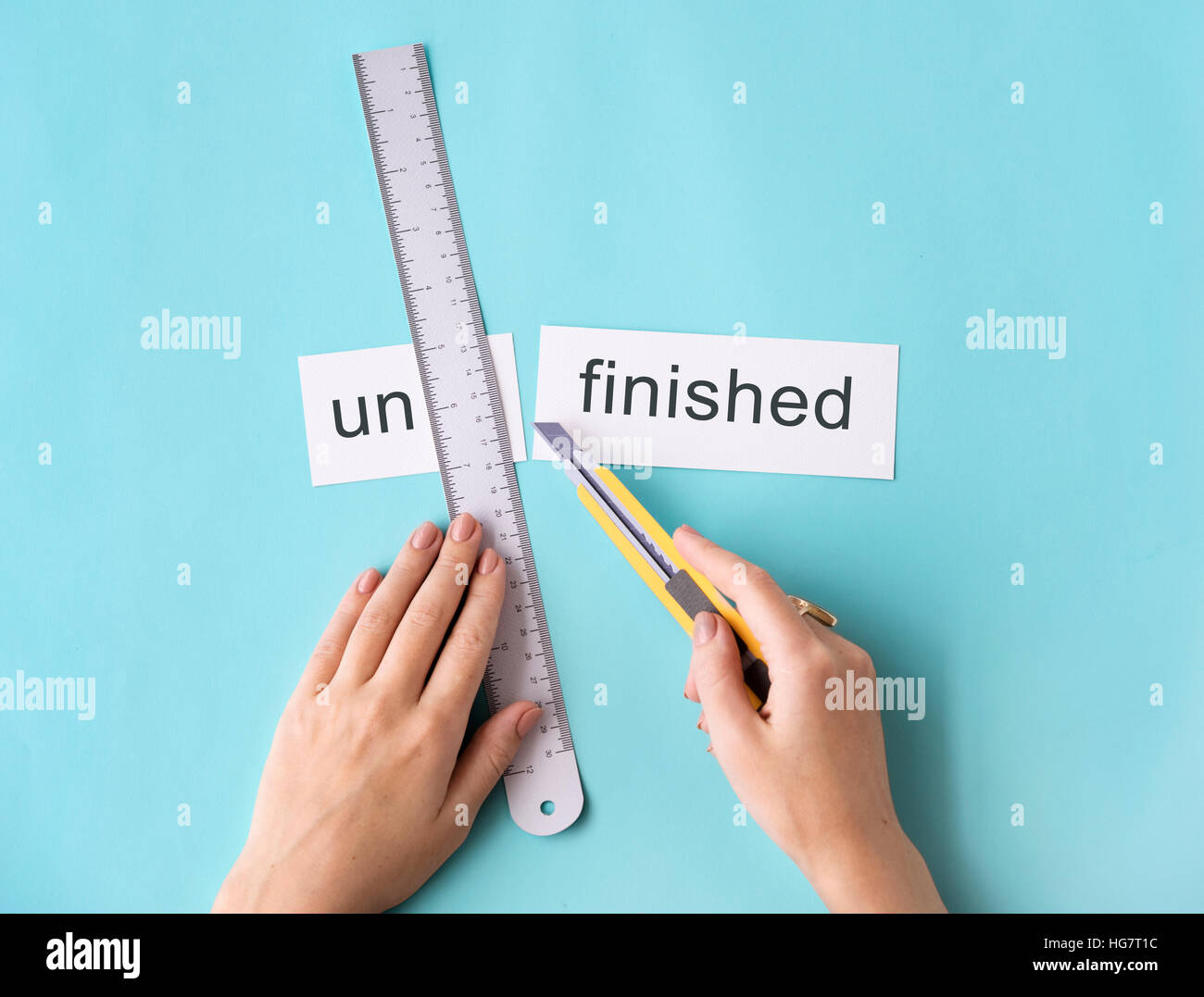 Unfinished Incomplete Hand Cut Word Split Concept Stock Photo