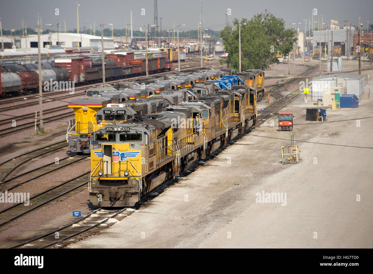 Locomotives at Union Pacific Wolf Road Railroad Yard, Chicago, Illinois, USA. Stock Photo