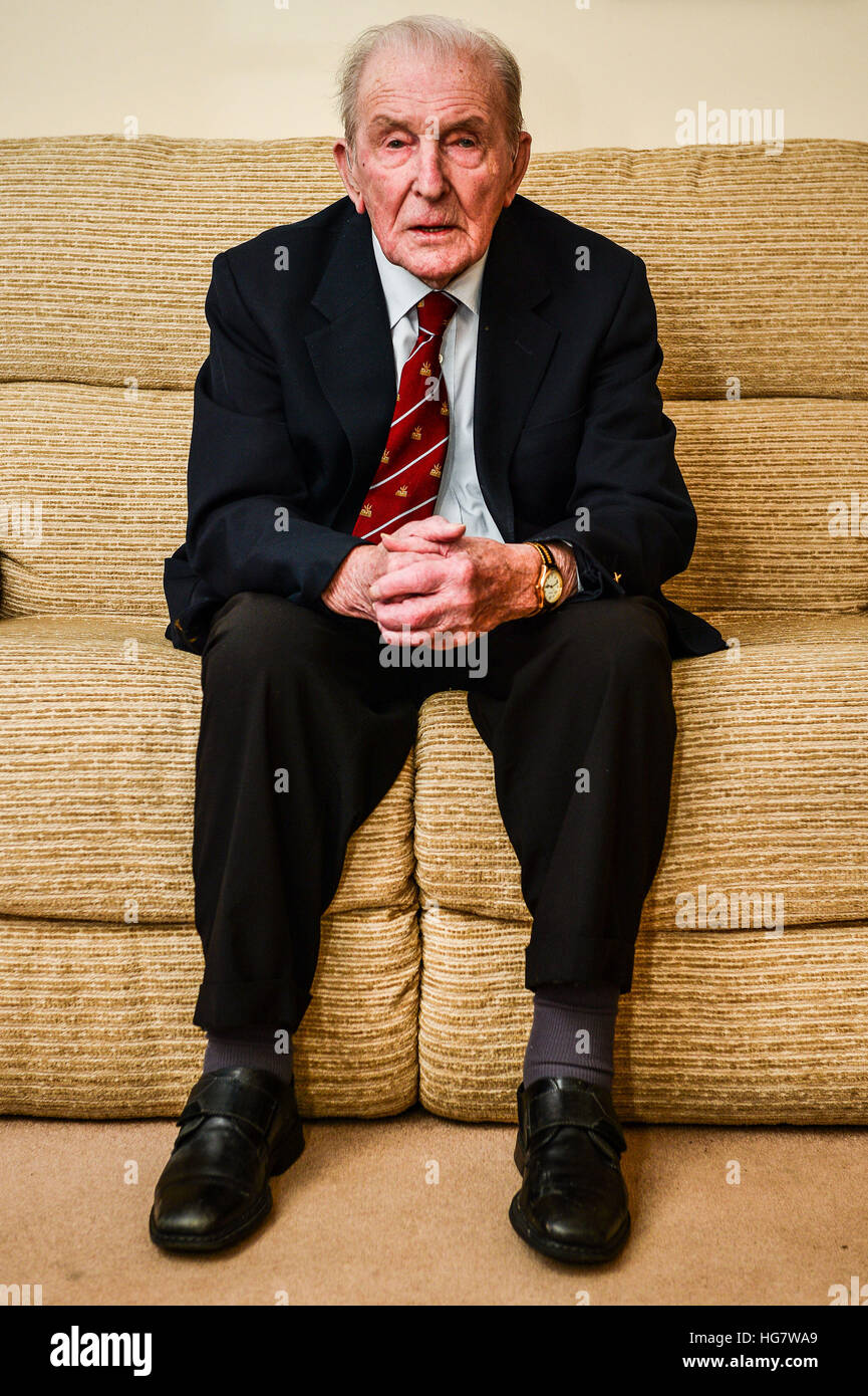 George 'Johnny' Johnson, 95, at his home in Bristol, as the last surviving British Dambuster has said that if he received a knighthood it would be to remember his squadron and not himself. Stock Photo