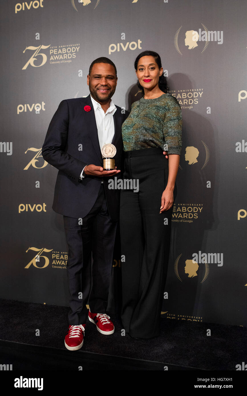 Anthony Anderson, Tracy Ellis Ross pose with their Peabody Award on May 21, 2016 in New York, New York. Stock Photo