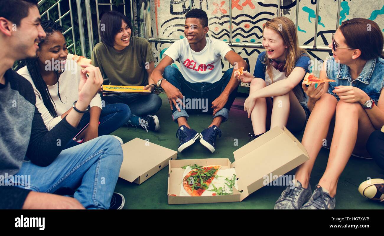 People Friendship Togetherness Eating Pizza Youth Culture Concept Stock Photo