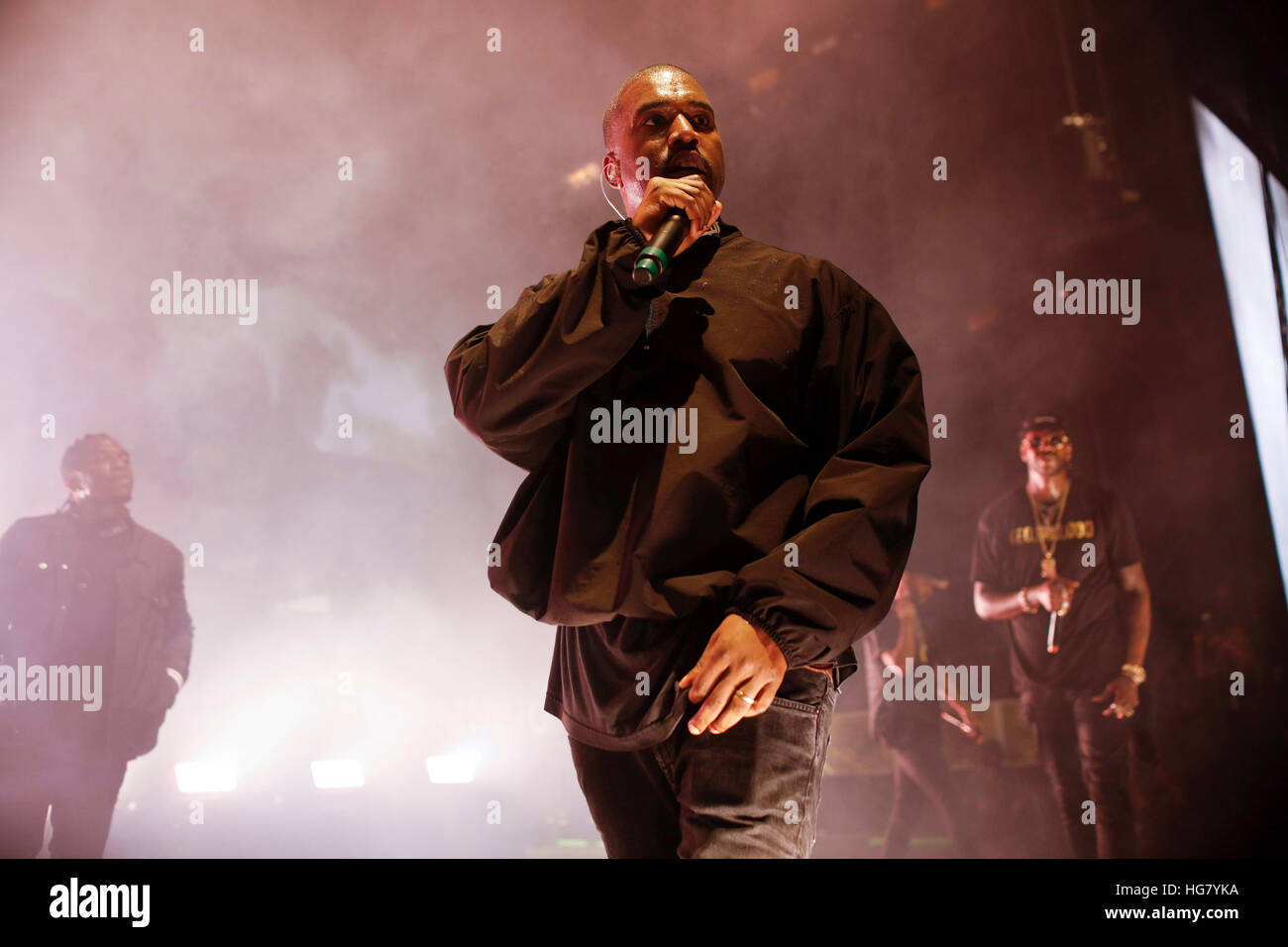 (L-R) Pusha T, Kanye West and 2 Chainz of G.O.O.D Music perform at Hot 97 Summer Jam 2016 at Metlife Stadium in East Rutherford, New Jersey. Stock Photo