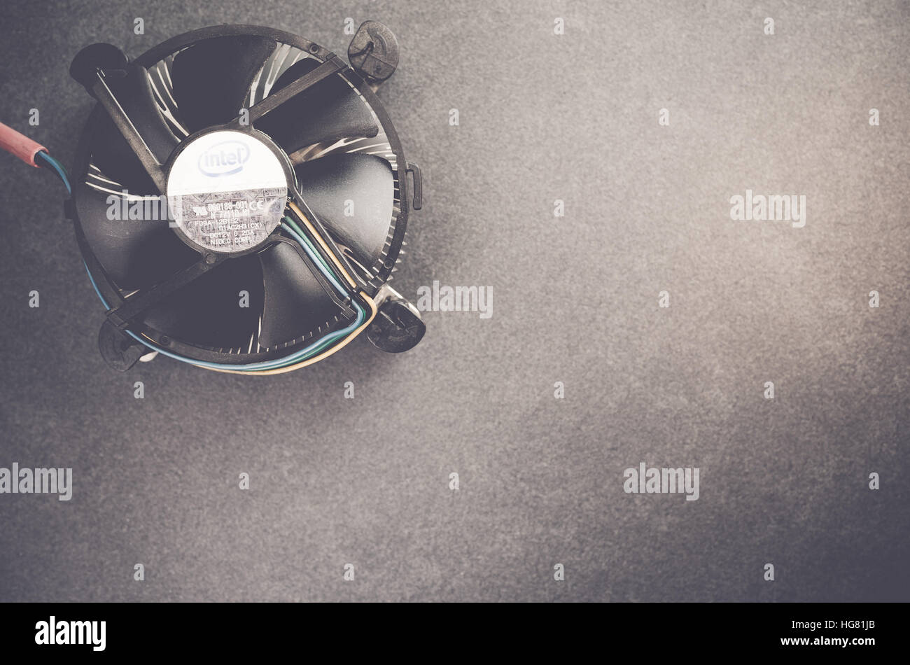 Intel cpu fan assembly cooler top view - slate background Stock Photo