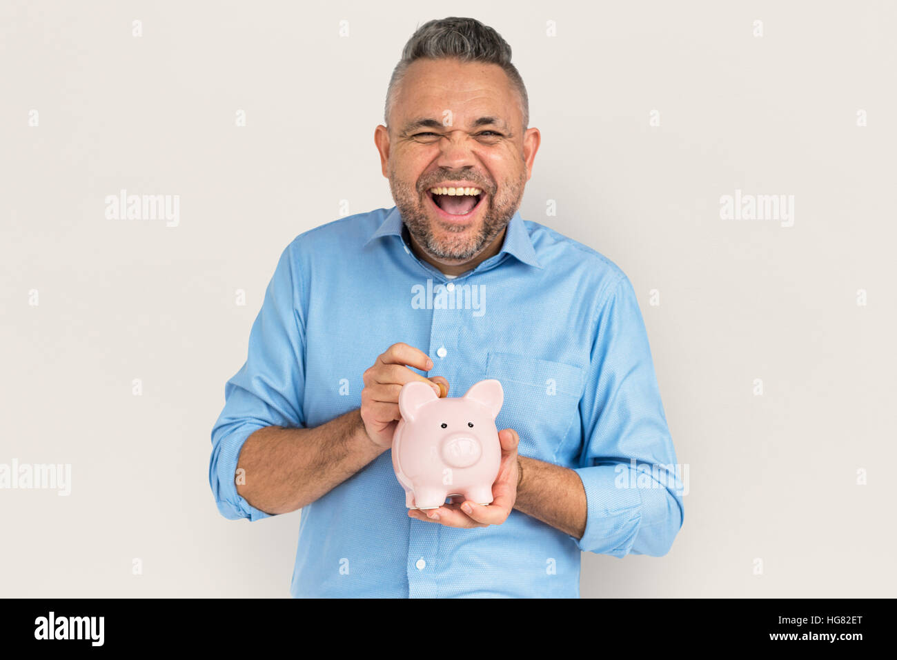 Man Smiling Happiness Piggy Bank Saving Portrait Concept Stock Photo ...