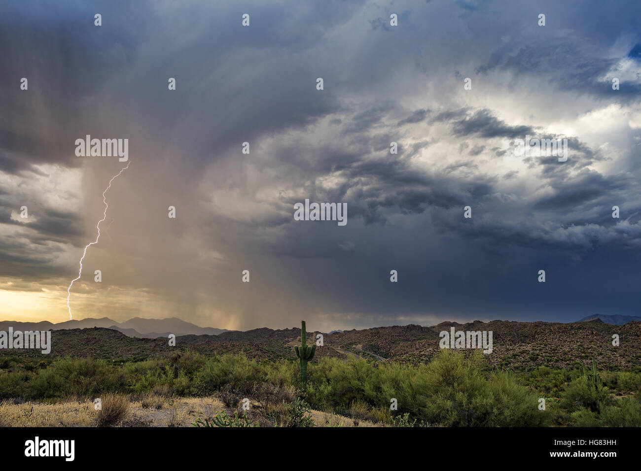 Summer monsoon storm with lightning strike and rain over the mountains in the Arizona desert Stock Photo
