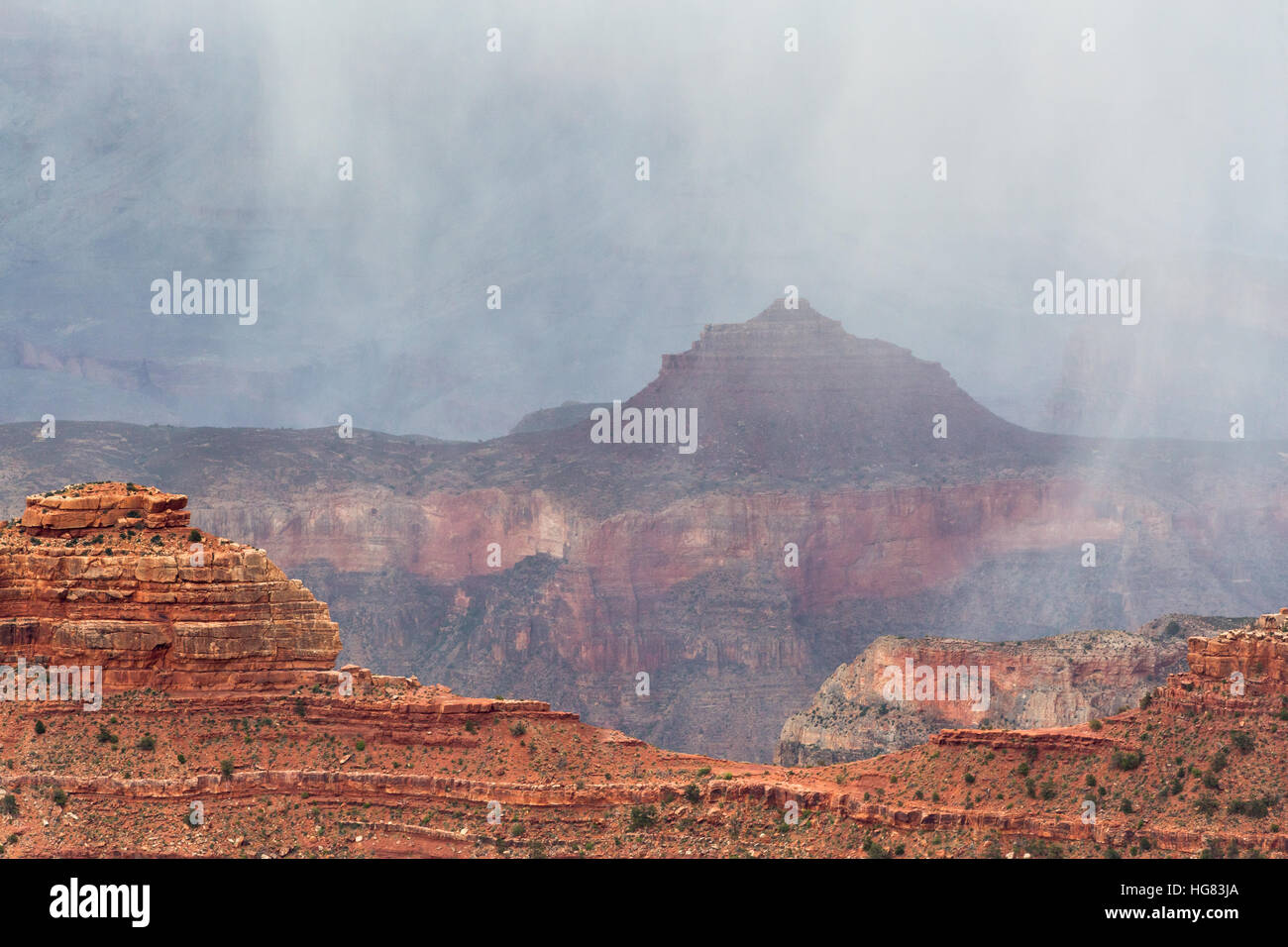 Snow showers falling over the Grand Canyon, as seen from Yavapai Point. Grand Canyon National