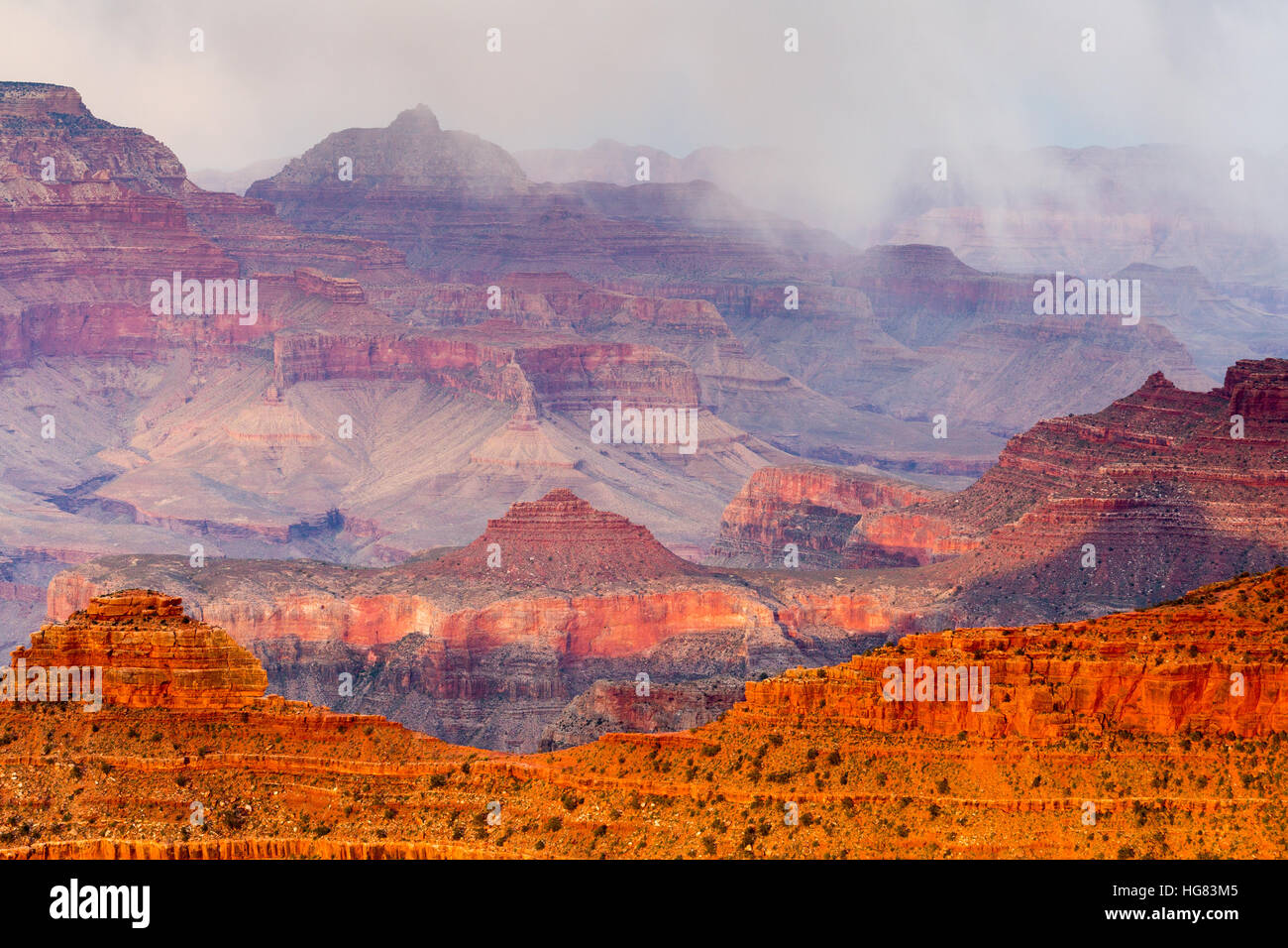 Snow showers over the Grand Canyon as sunset lights a ridge, as seen from Yavapai Point. Grand Canyon National Park, Arizona Stock Photo