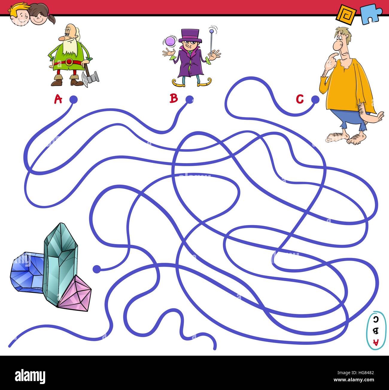 Cartoon Illustration of Paths or Maze Puzzle Activity Game with Fantasy