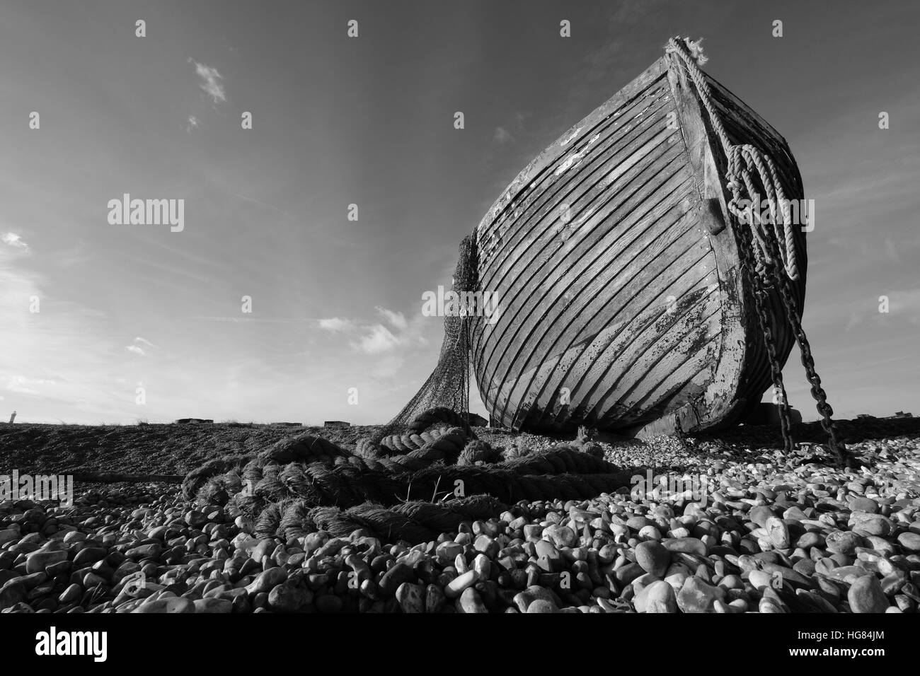 Black and White Old wooden fishing boat Dungeness Stock Photo - Alamy