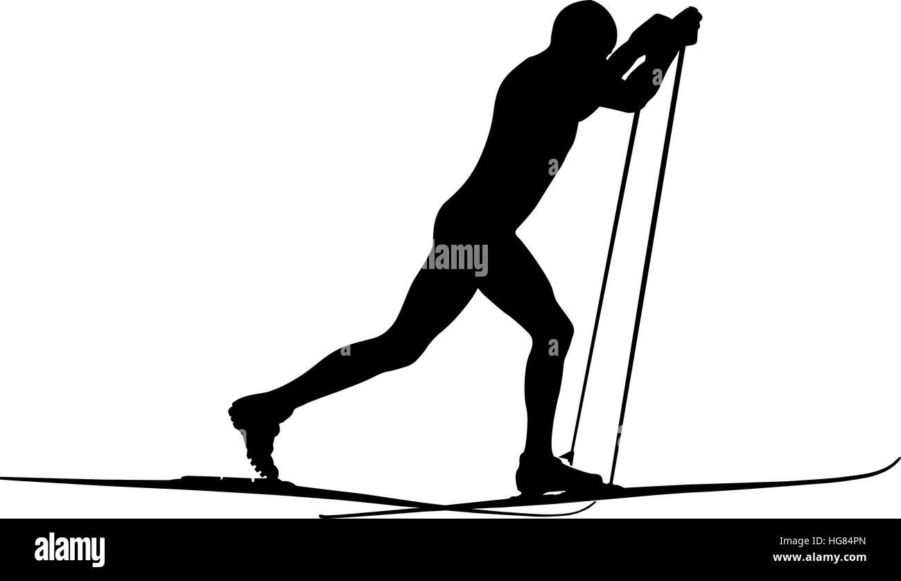 male athlete skier classic style black silhouette Stock Photo