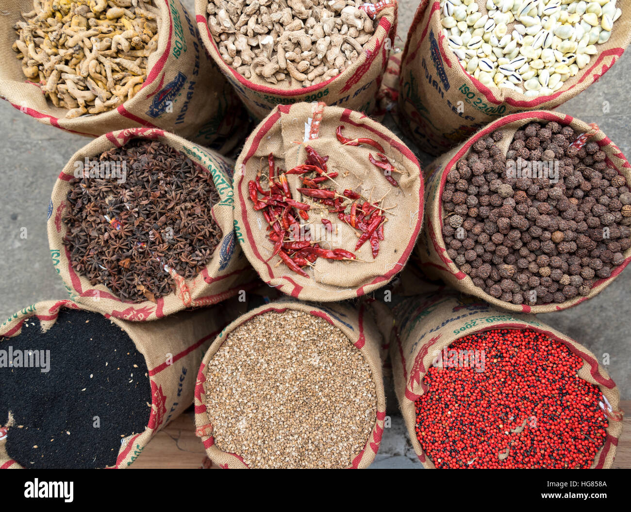 Spices nad Herbs on sale in Fort Kochi, Cochin, Kerala, India Stock