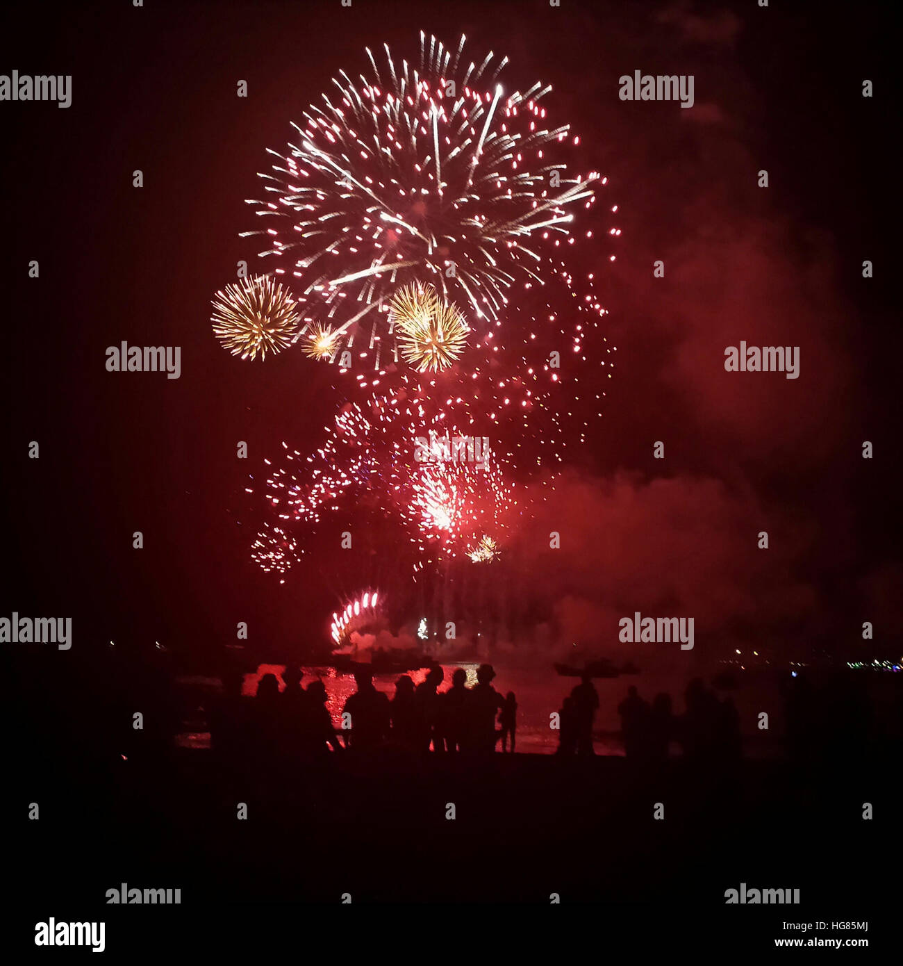 People watching fireworks display in sky at night Stock Photo