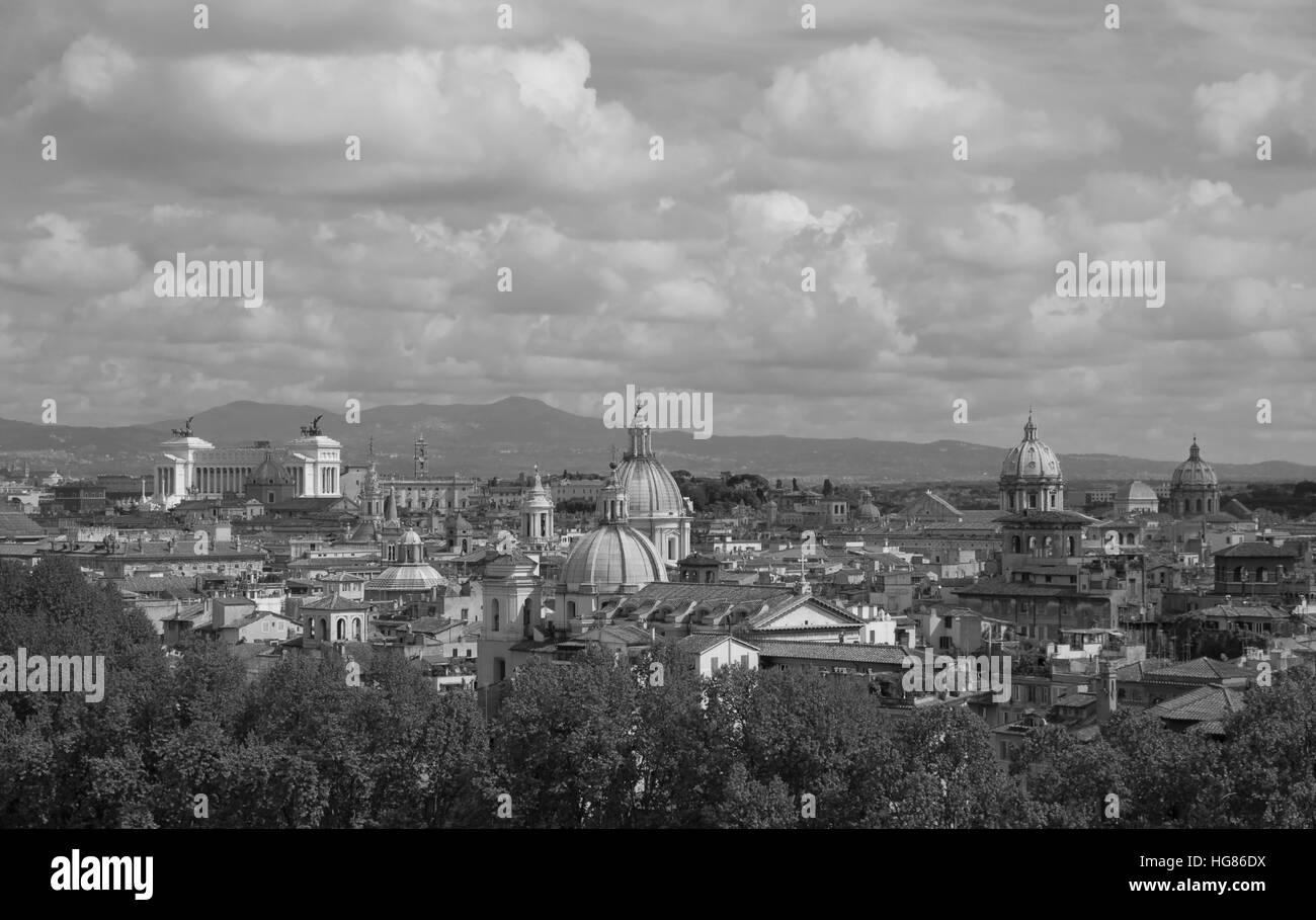 Roma historic city center skyline with old baroque domes (B/W) Stock Photo