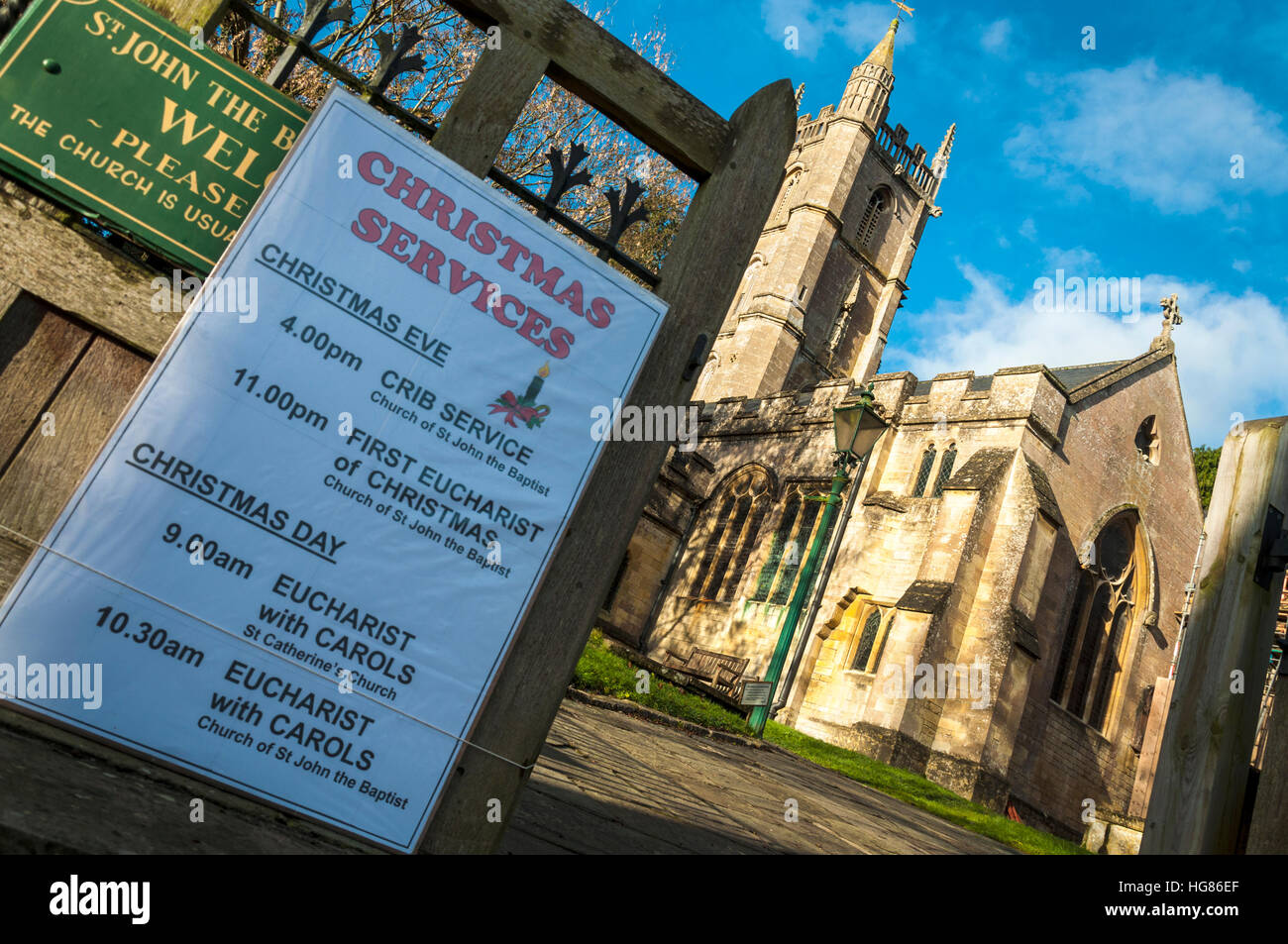 Christmas Services notice sign at St John the Baptist church in Batheaston, Somerset, UK Stock Photo
