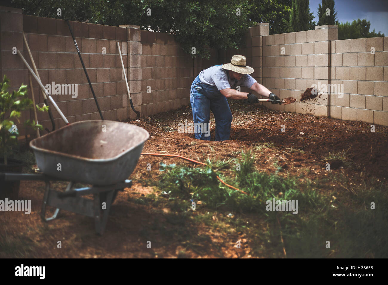 Man digging soil in backyard Stock Photo