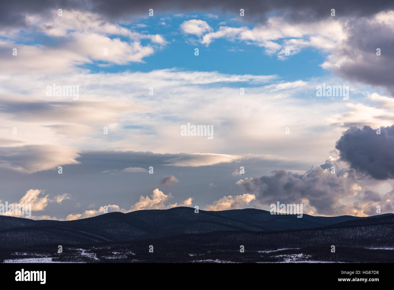 Beautiful dramatic sky in Crimea mountains Stock Photo