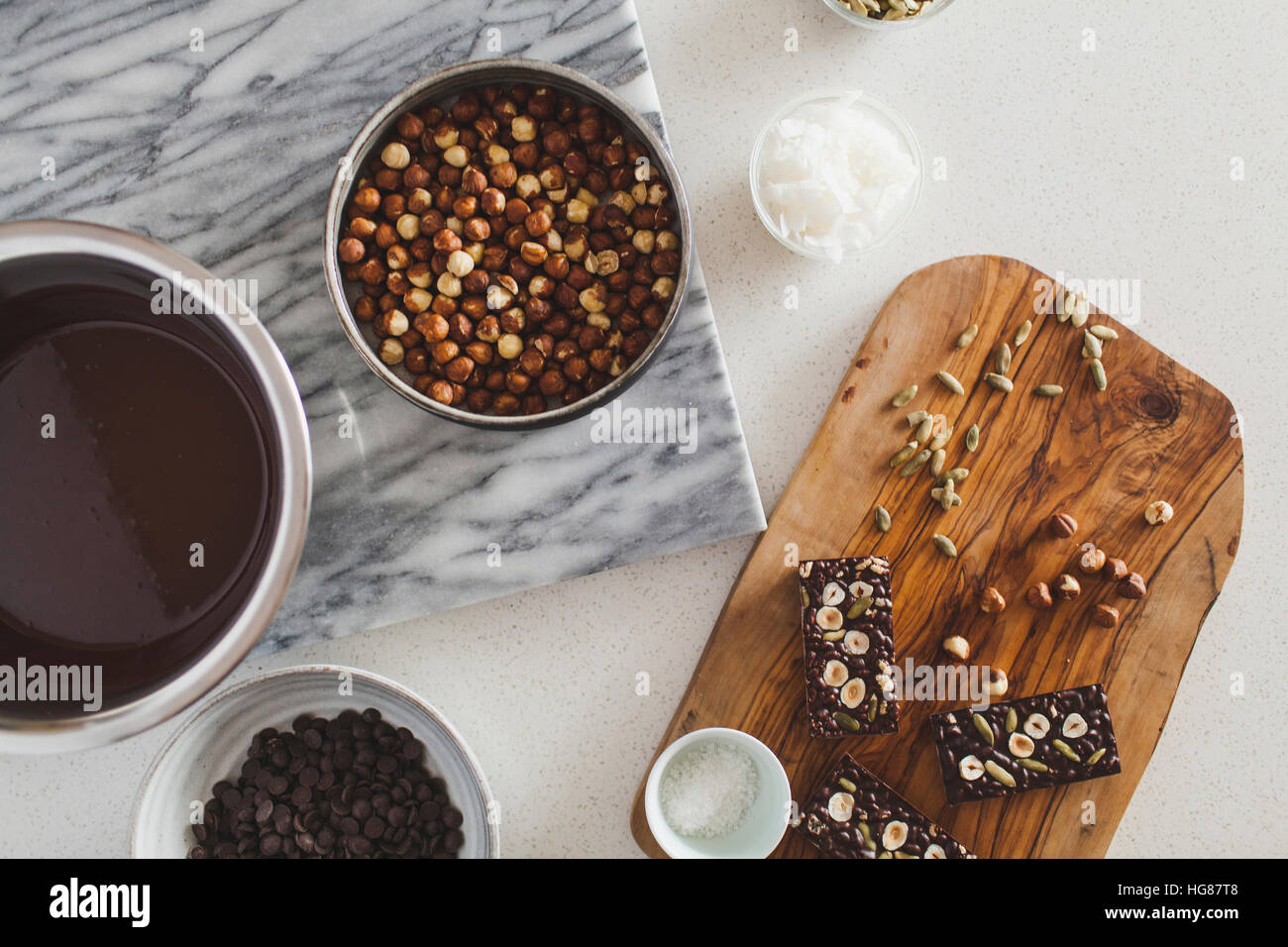 Overhead view of sweet food on kitchen counter Stock Photo - Alamy