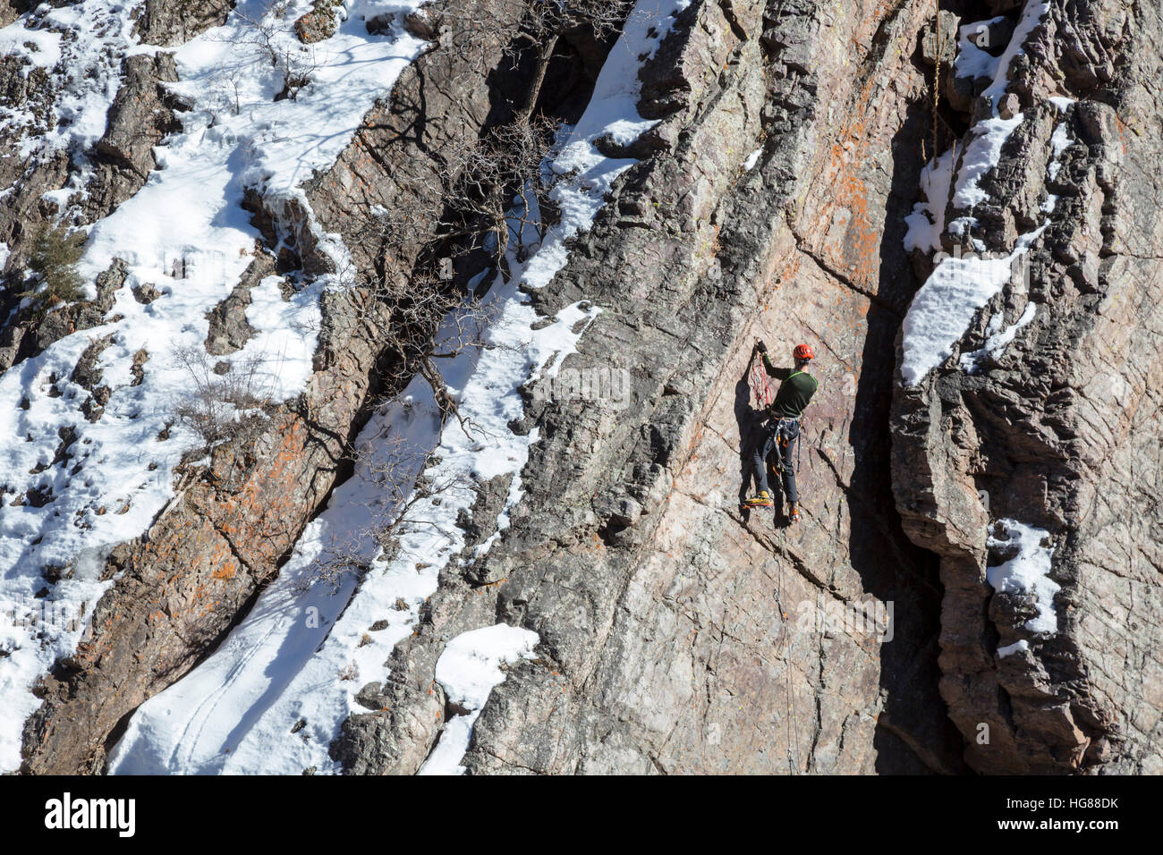 Ouray, Colorado - A climber on a rock wall in Ouray Ice Park. Stock Photo