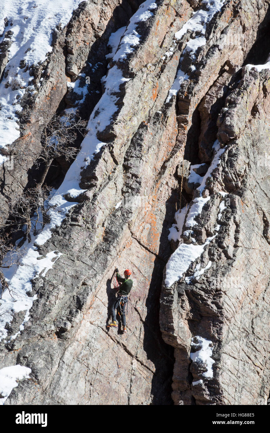 Ouray, Colorado - A climber on a rock wall in Ouray Ice Park. Stock Photo