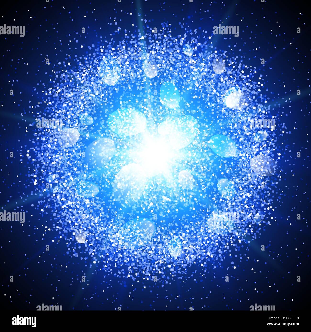Abstract blue explosion with glittering elements. Burst of glowing star. Dust firework light effect. Sparkles splash powder background. Vector illustration. Stock Vector