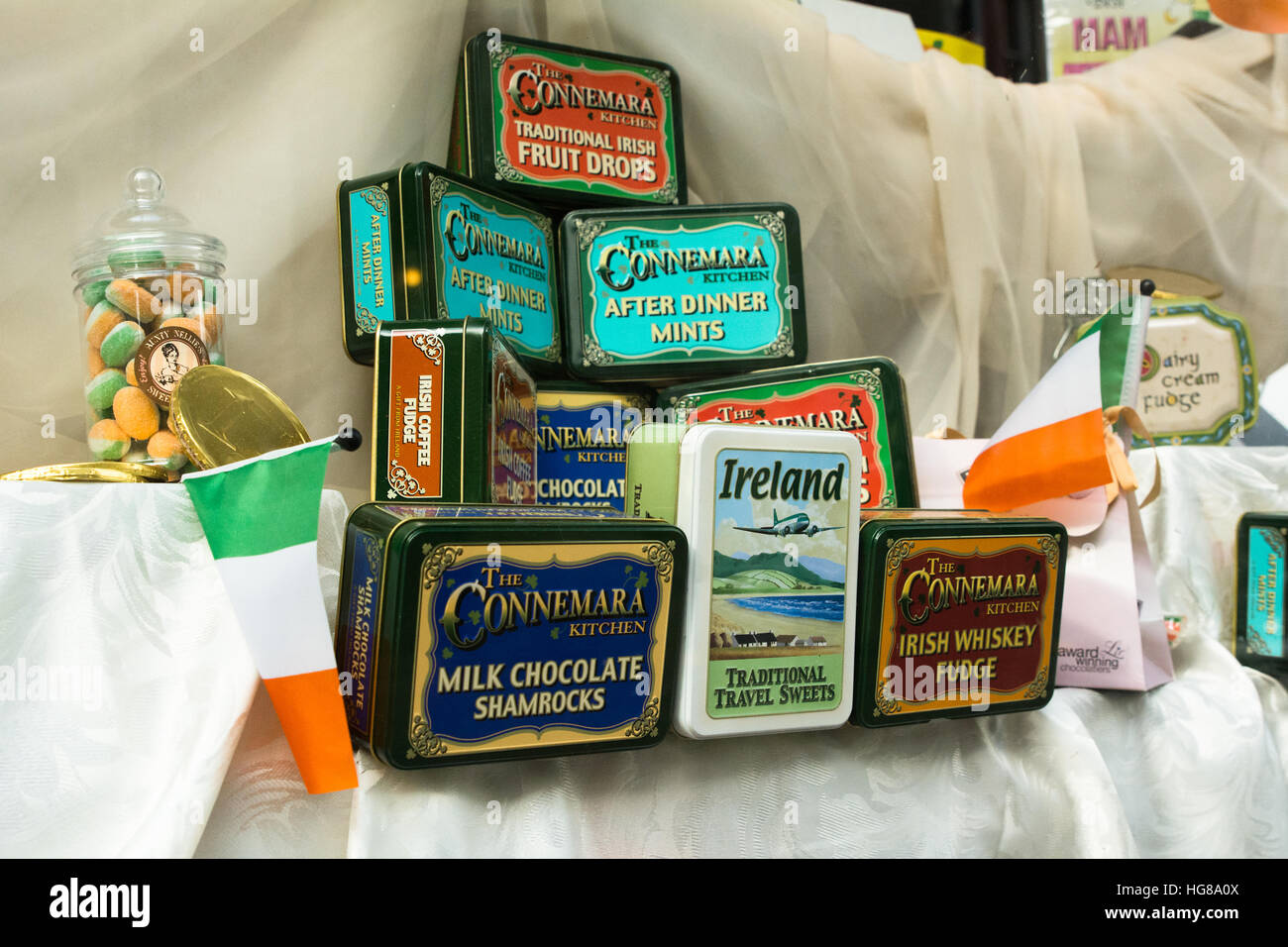 Collection of old Irish sweet tins in a shop window in Wexford Stock Photo