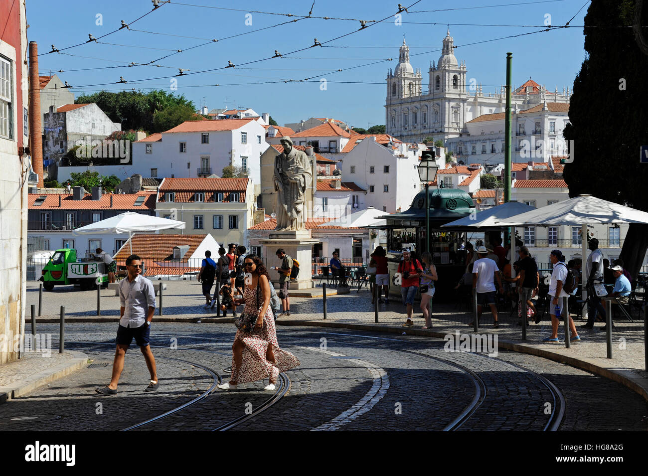 Sao Vicente statue, Igreja de Sao Vicente de Fora church and monastery view from miradouro Portas do Sol, Alfama, Lisbon Stock Photo