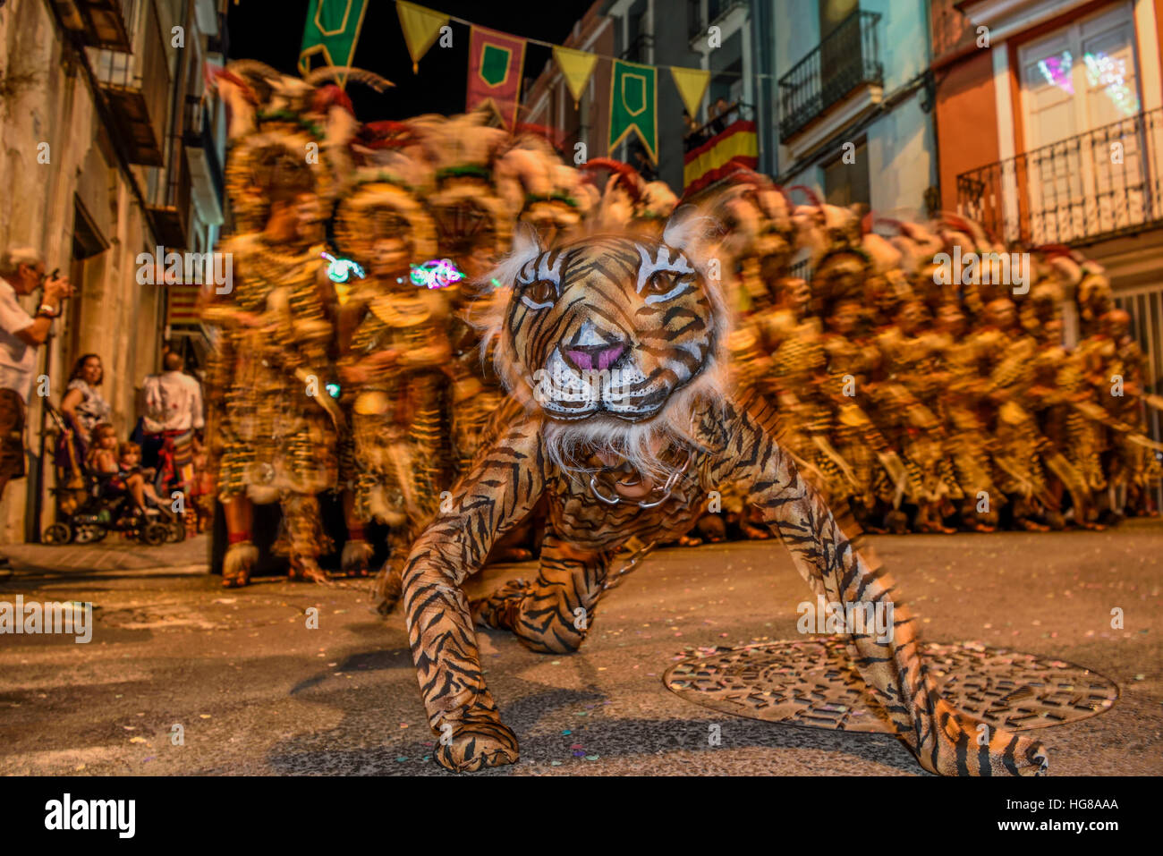 Person in a tiger costume, historical procession of Moors and Christians Parade, Moros y Cristianos, Jijona or Xixona Stock Photo