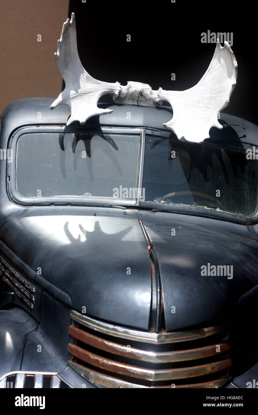 Retro/ vintage/ old/ antique car with pair of large antlers on it Stock