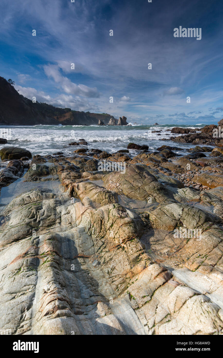 Rocky coast of Playa del Silencio, Bay of Biscay, Asturias, Spain Stock Photo